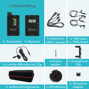 Sistema lavalier wireless Instarter con microfono integrato, 1 trasmettitore e 1 ricevitore, portata 50 m, connessione USB-C e batteria 6 h, ideale per registrazioni con telefono, tablet e PC