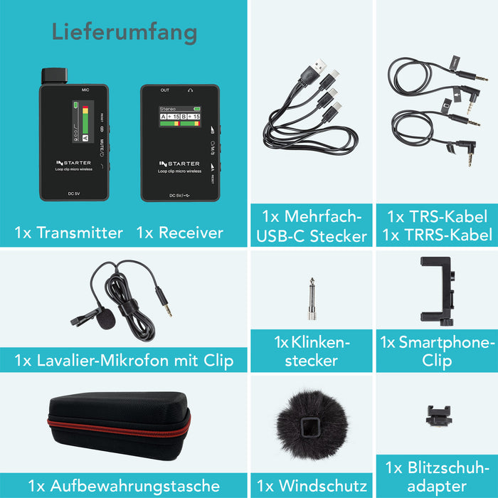 Sistema lavalier wireless Instarter con microfono integrato, 1 trasmettitore e 1 ricevitore, portata 50 m, connessione USB-C e batteria 6 h, ideale per registrazioni con telefono, tablet e PC