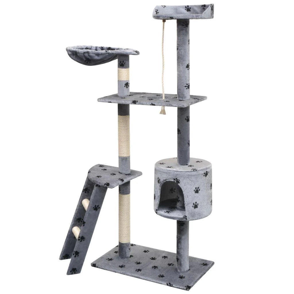 Tiragraffi albero per gatti cuccia per gatti giocattolo peluche e sisal 150 cm impronte di zampe grigio 3702101/2