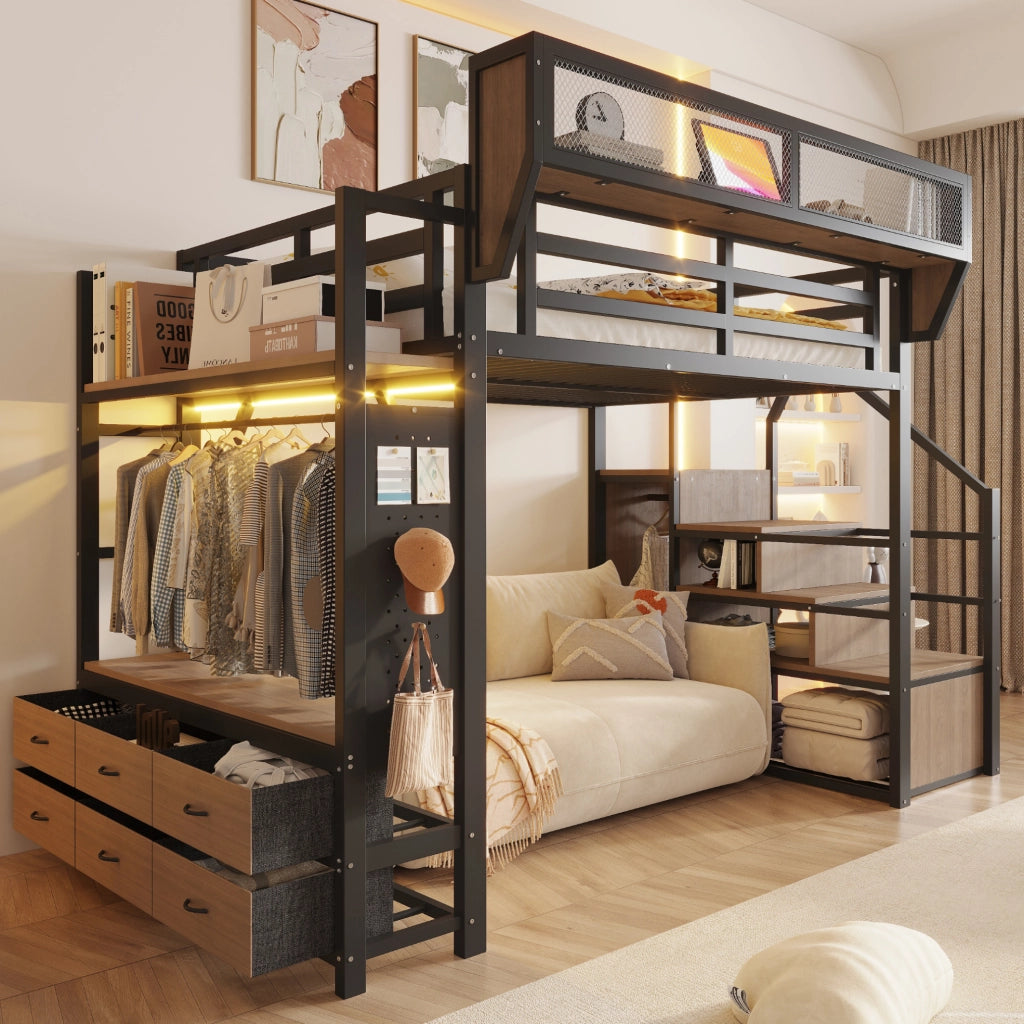 Letto a soppalco in metallo 140x200 cm con LED; ripiani; ganci e scale contenitore; nero