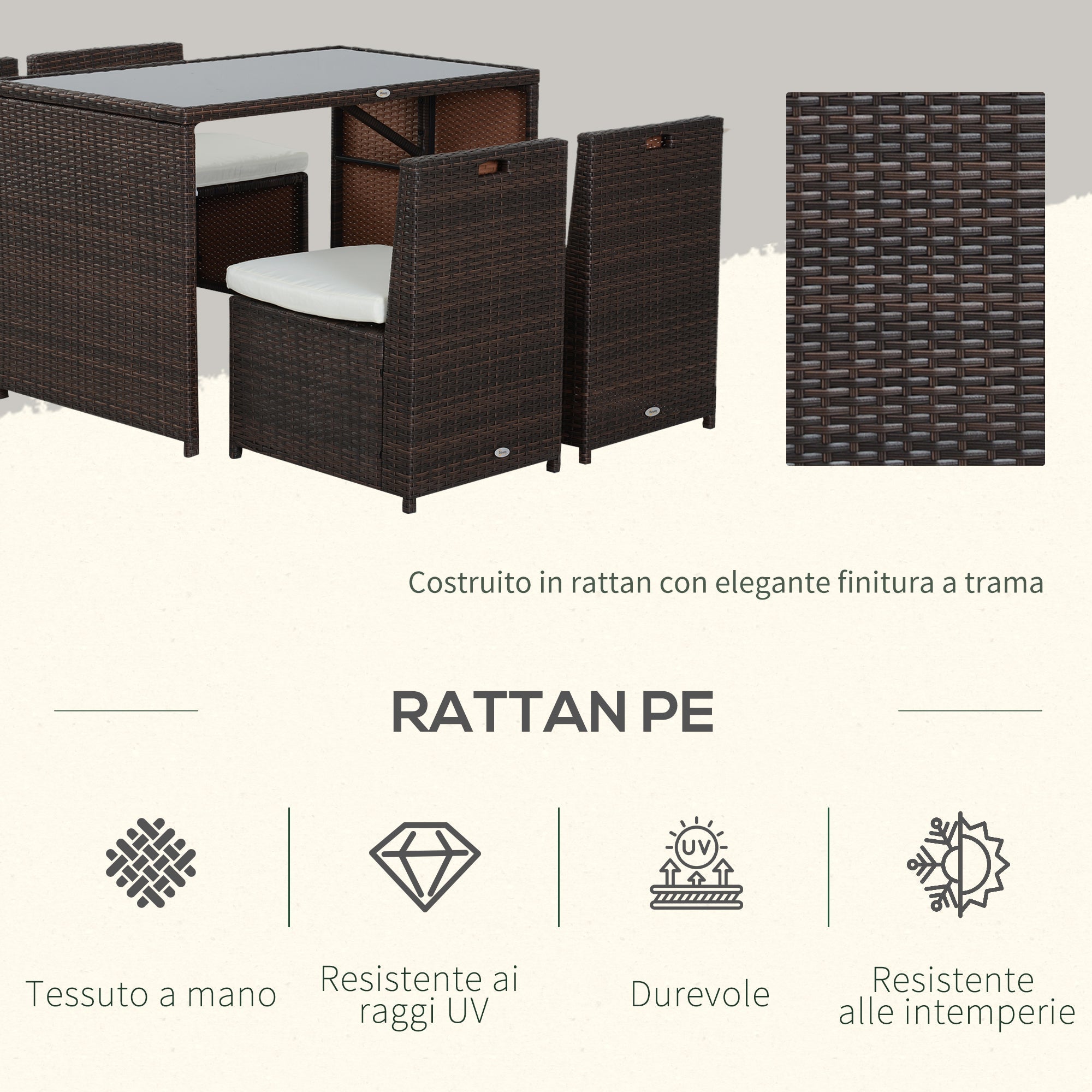 Set Tavolo e 4 Sedie da giardino in Rattan Sintetico e Acciaio con Cuscini Marrone