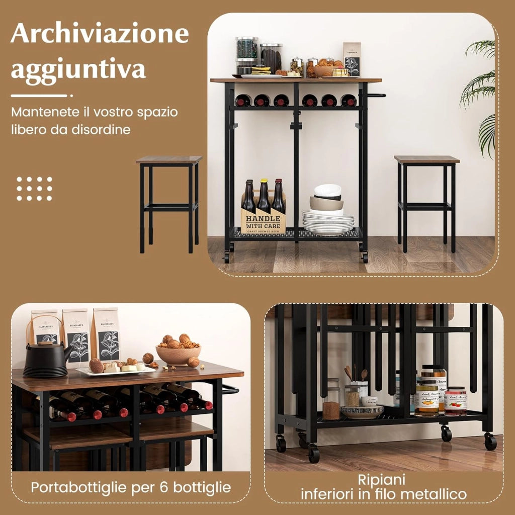 Tavolo da Pranzo Pieghevole Estensibile 3 Pezzi con 2 Sgabelli, Set Tavolo da Cucina con Ruote e Portabottiglie da 6 Posti, Ripiani e Maniglia Laterale (Marrone)
