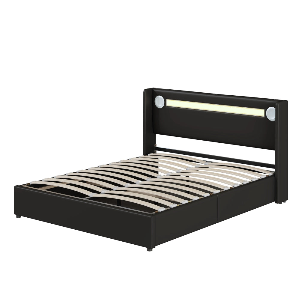 Letto Contenitore 160x200 cm; Letto Matrimoniale con LED; Bluetooth e USB in PU Nero