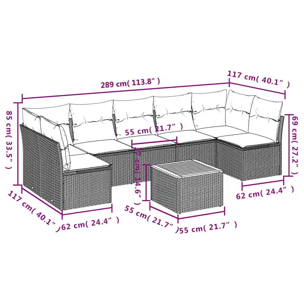 Set Divani da Giardino con Cuscini 8 pz Nero in Polyrattan 3255902