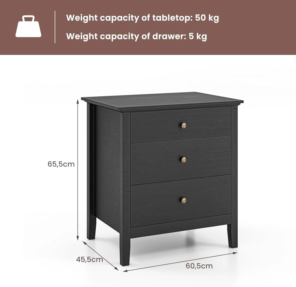 Comodino con 3 cassetti, tavolino da notte 60,5 x 45,5 x 65,5 cm, comodino per soggiorno, camera da letto (nero)