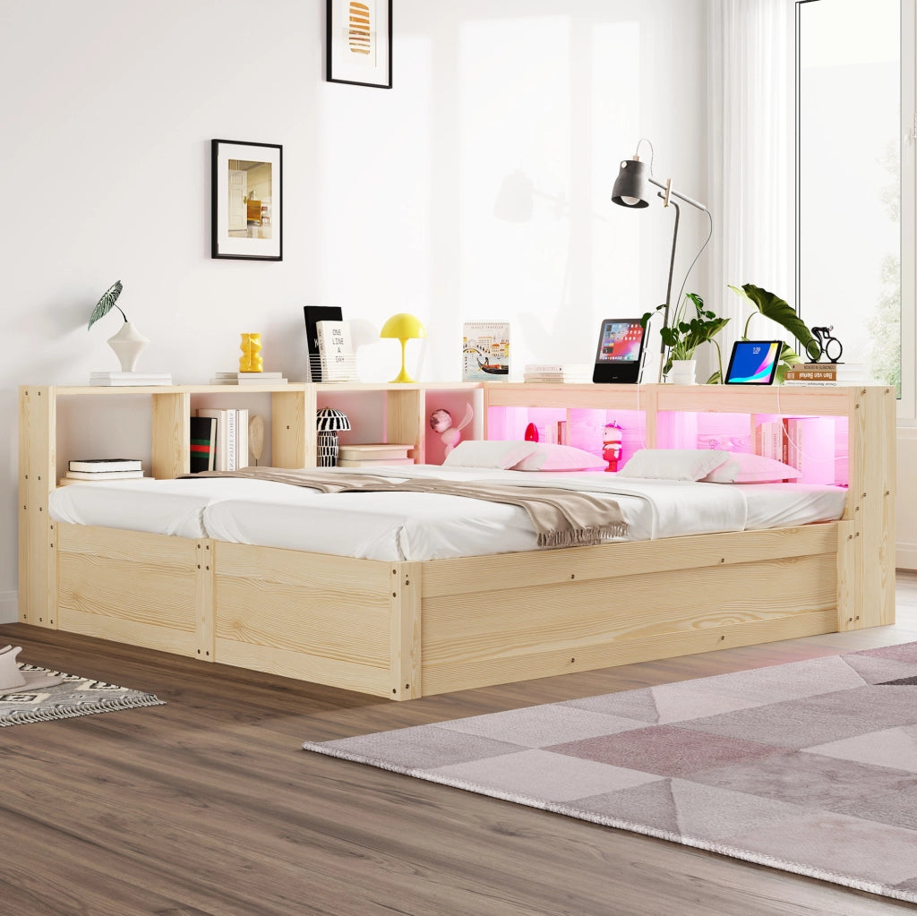 Letto multifunzione 90/180x200 cm in legno naturale con LED; prese integrate e contenitore