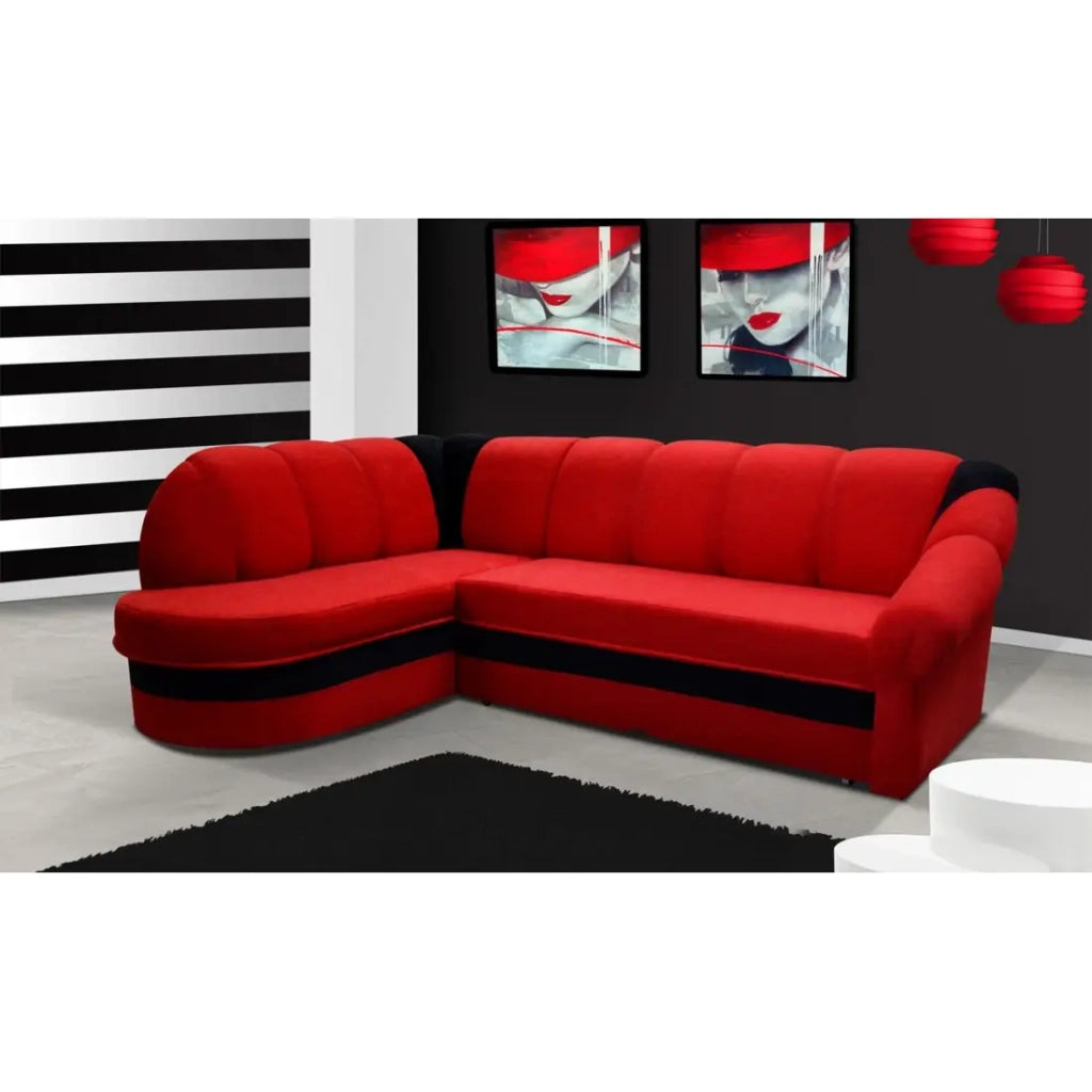 Divano ad angolo sinistro trasformabile BENANA 250 cm rosso e nero con contenitore