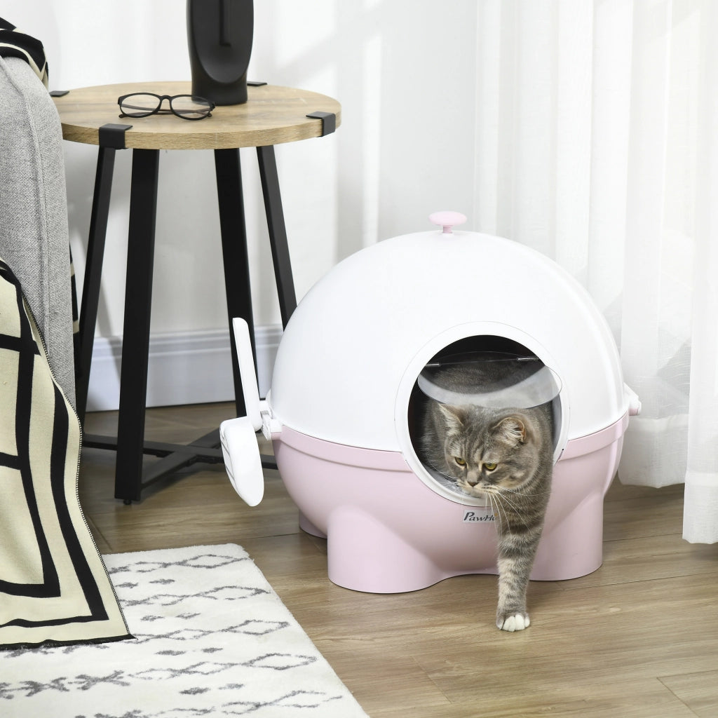 Lettiera Chiusa per Gatti 53x51x48 cm Rotonda con Uscita Raccogli Sabbia in PP e PC Bianco e Rosa
