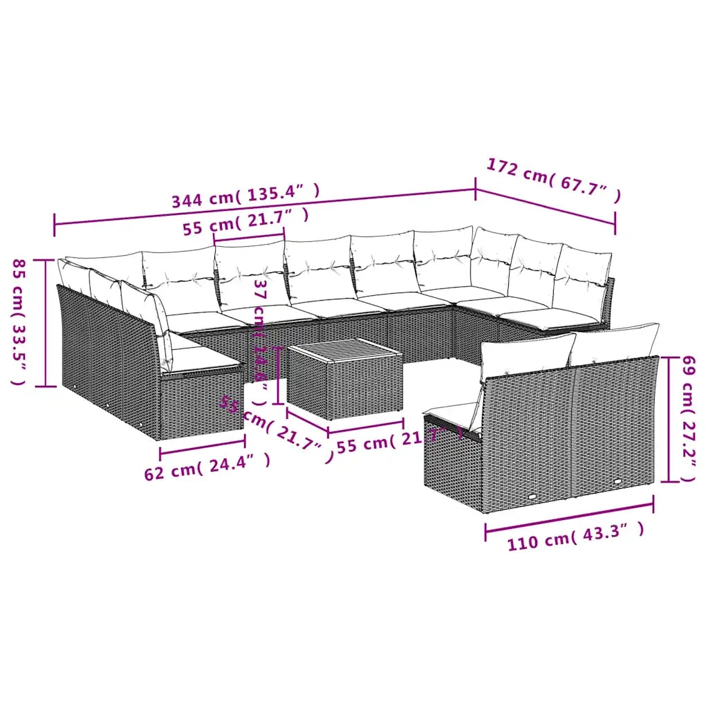 Set Divano da Giardino 13 pz con Cuscini Beige in Polyrattan