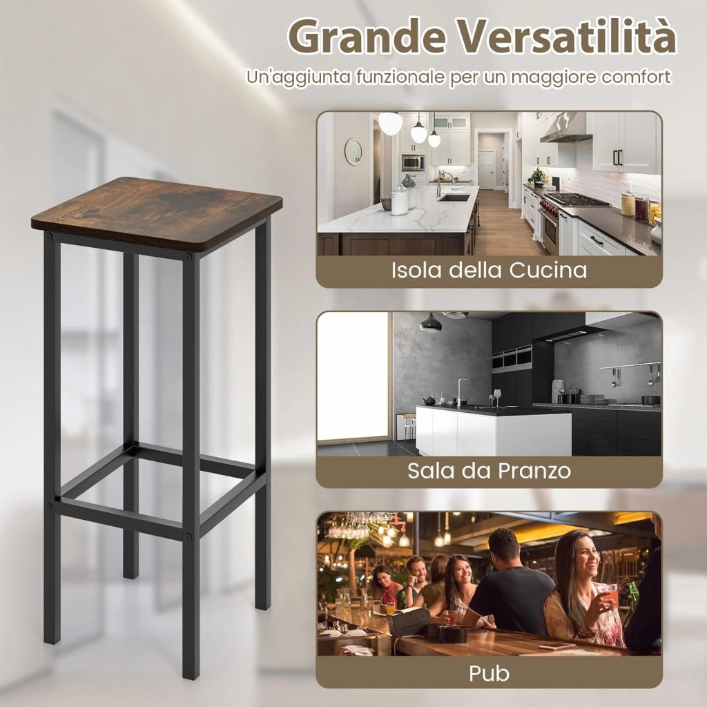 Set di 4 Sgabelli da Bar, Sgabello da Bar con Gambe in Metallo e Poggiapiedi, Sgabello senza Schienale per Cucina, Sala da Pranzo e Bar, 30 x 30 x 65 cm