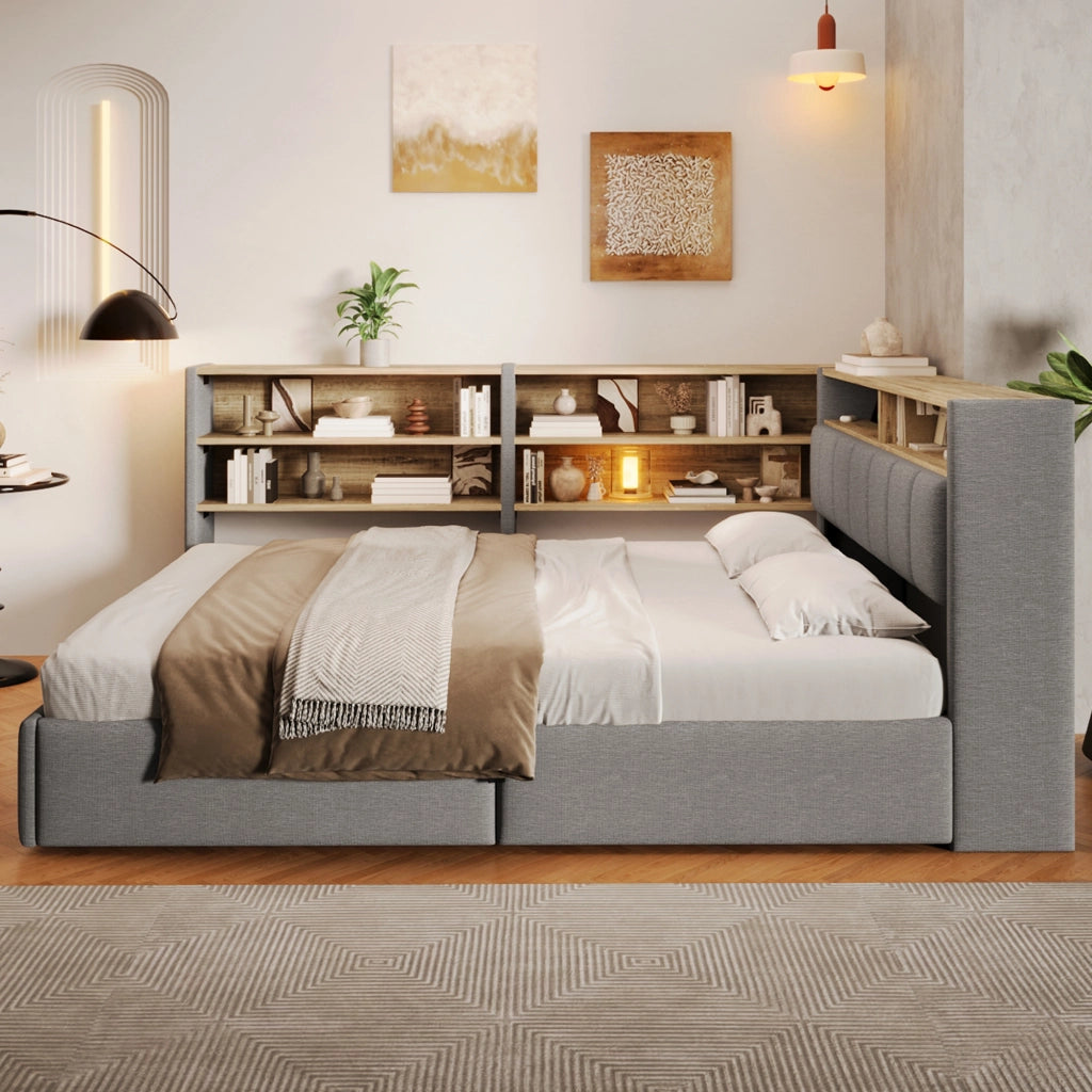 Letto Contenitore Matrimoniale LEMONMAX 140x200 cm con Sollevamento Idraulico, LED APP, USB-A/USB-C e Modulo Laterale, Velluto Grigio