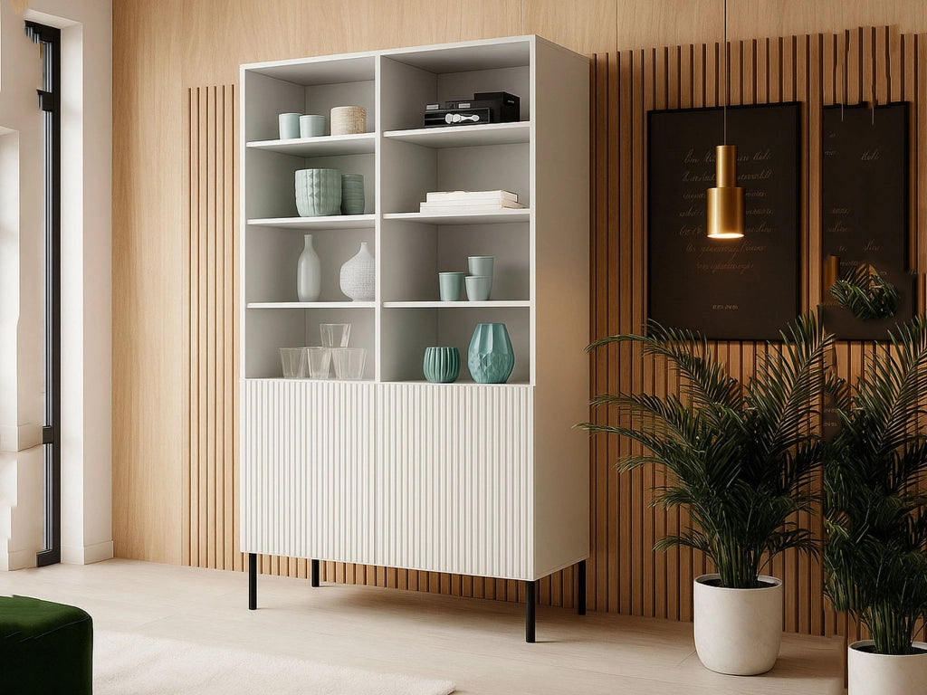 Libreria Ghilarza, Mobile portalibri con vani aperti e due ante, Rialzato da terra, 100x42 h177 cm, Bianco