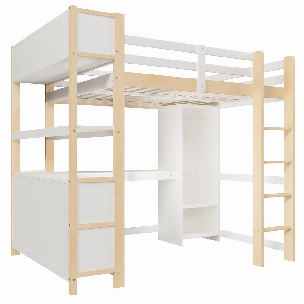 Letto a Soppalco con Scrivania e Armadio ¨C Xylo ¨C 140x200 cm, Legno Naturale