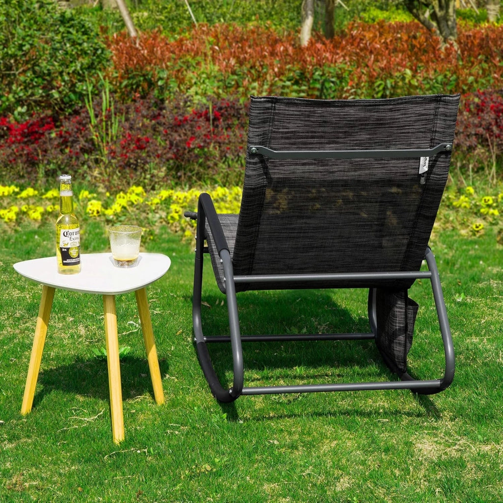 Dondolo da Giardino Sedia a Dondolo da Esterno Lettino Prendisole con Tasca Laterale Poltrona da Giardino Sdraio per Patio Balcone Campeggio Spiaggia Nero/Grigio 143x57x85 cm OGS47-MS