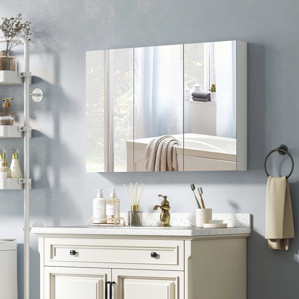 Armadietto da Bagno con Specchio ¨C Xylo ¨C 3 Ante, Ripiani Regolabili, Bianco, 91.5x11.5x65cm