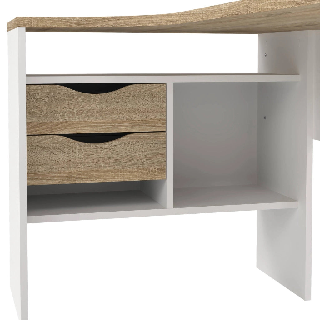 Scrivania ad angolo con due Moire, colore rovere e bianco, cm 145 x 76 x 81