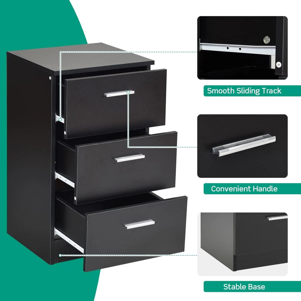 Comodino Camera, Armadietto Laterale, Mobiletto Fianco Letto, con 3 Cassetti, per Ufficio/Soggiorno/Studio, Portata di 80kg, 38x35x67cm, Nero/Bianco