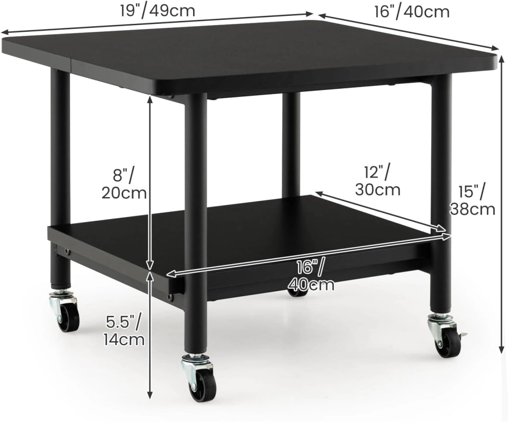 Supporto per Stampante, Carrello Stampante con Ruote Girevoli a 360⁰, Design Rimovibile, Superficie Ampia e Liscia, di Legno e Acciaio, 49 x 40 x 37 cm (Nero)