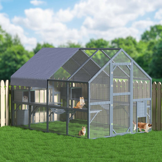 Recinto per gatti da esterno 280 x 187 x 187 cm, recinzione antifuga in legno con telo di copertura impermeabile per il tetto, diversi livelli, per giardino, balcone, terrazzo