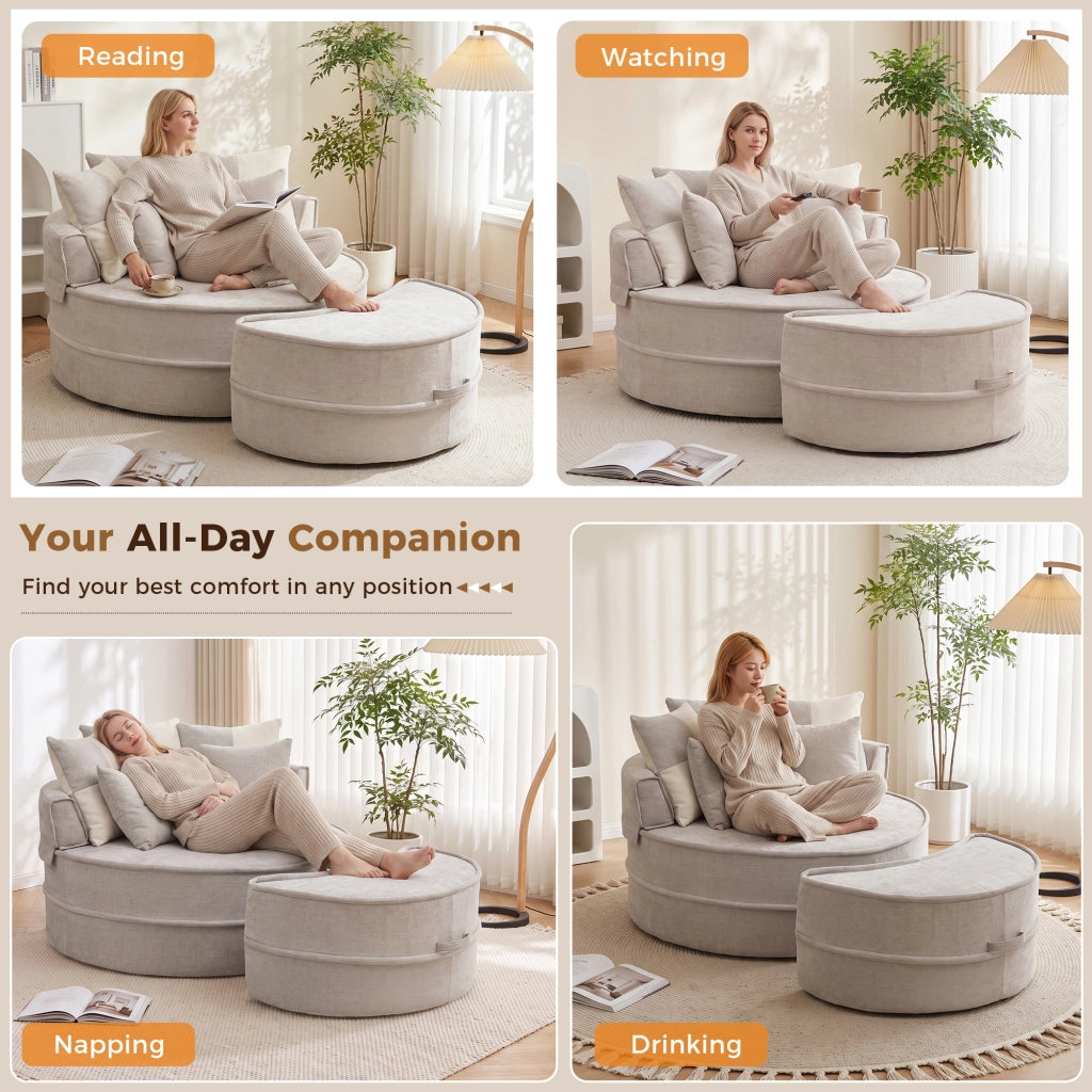 Poltrona rotonda senza montaggio con ottomana e 5 cuscini in schiuma chenille grigio per soggiorno 121 × 107 cm