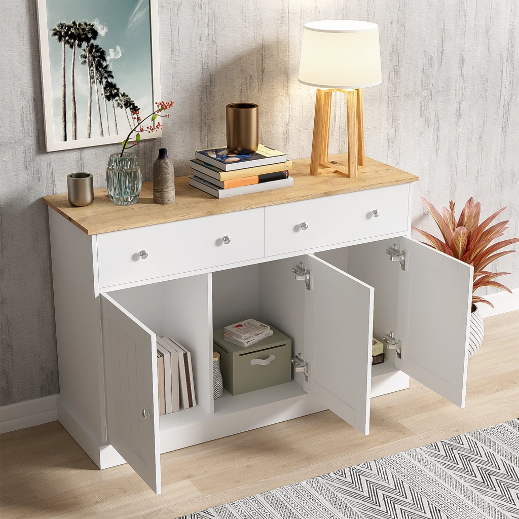 Credenza con 3 ante e 2 cassetti in pannello truciolare bianco e effetto legno 120 × 36 × 80,5 cm