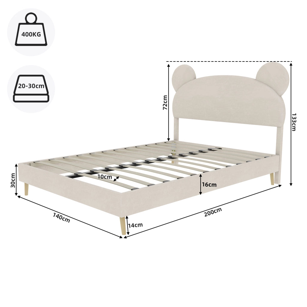 Letto per Bambini Singolo 140x200 cm; con Testiera Imbottita in Tessuto e Metallo; Beige