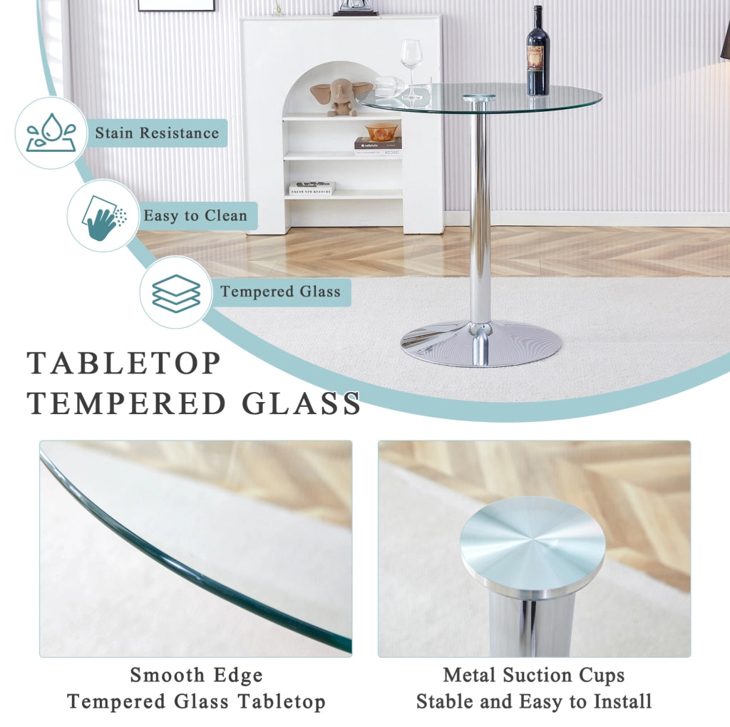 Tavolo bar rotondo in vetro trasparente e metallo argento 89 cm