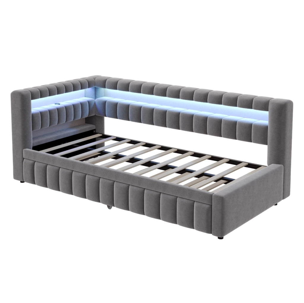 Sofabett 90x200 cm; letto estraibile con LED e ricarica; velluto grigio