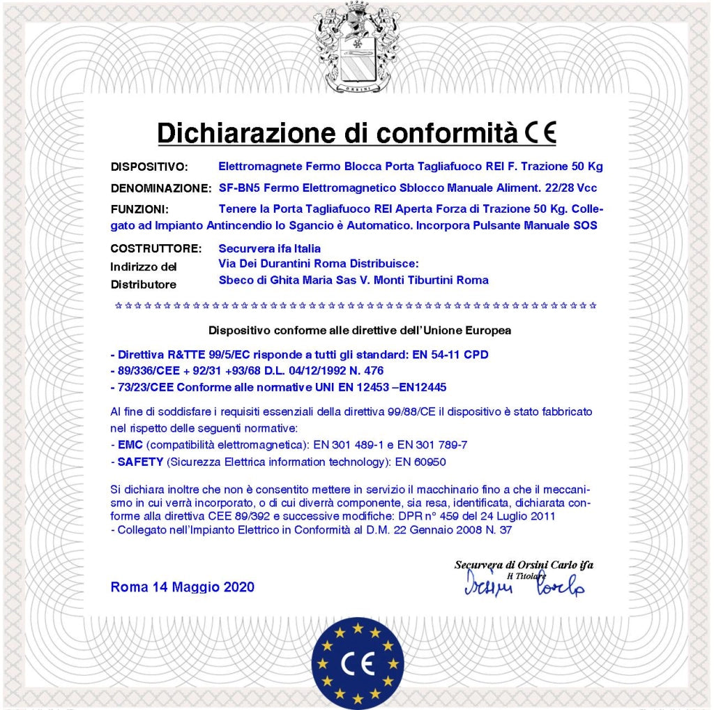 ELETTROMAGNETI NERI BLOCCA PORTE TAGLIAFUOCO REI 3 PEZZI FORZA DI TRAZIONE 50 KG ANTINCENDIO ALIMENTAZIONE 22/28 VCC