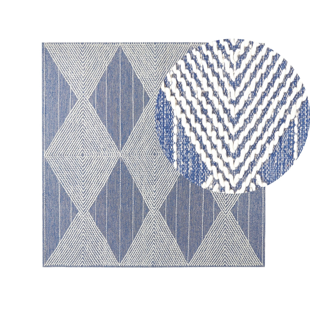 Tappeto in lana beige chiaro e blu poliestere 200 x 200 cm intrecciato a mano motivo geometrico boho soggiorno camera da letto