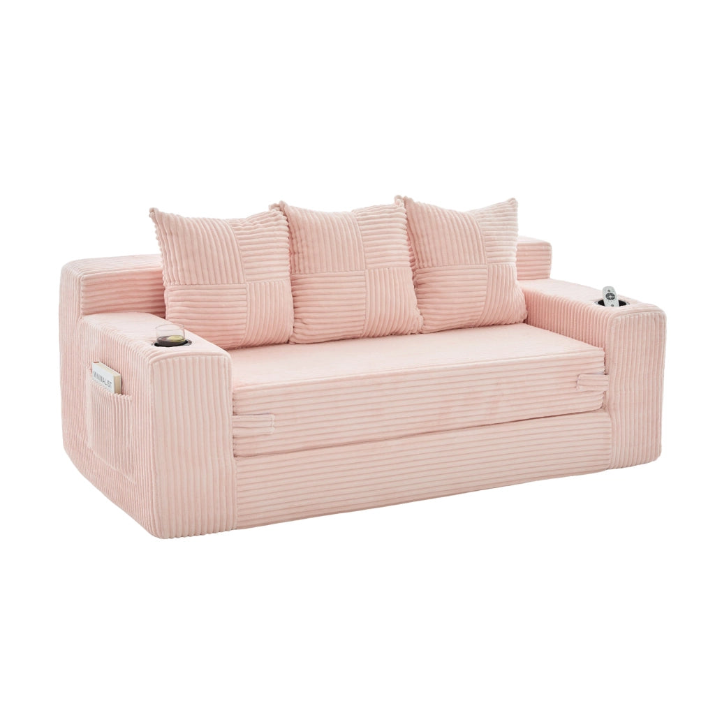 Divano modulare a 2 posti in velluto a coste rosa; 172 x 87 x 64 cm; con porta bicchieri e tasche laterali