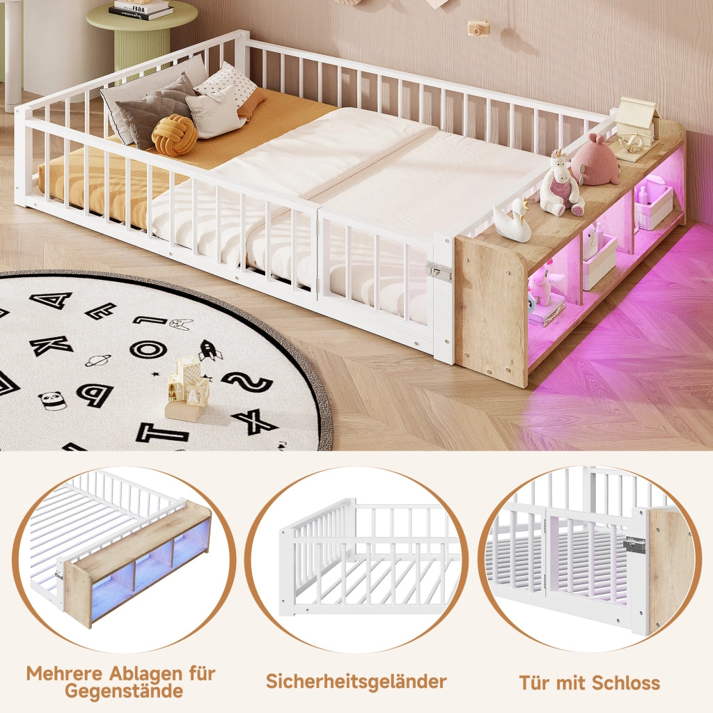 Letto in metallo con cassetti LED 140x200 MDF bianco e metallo
