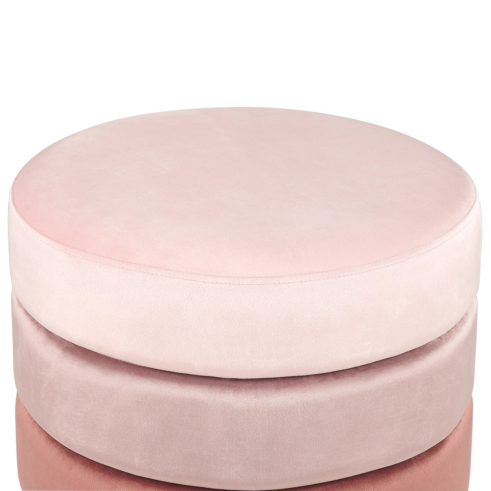 Pouf in tessuto di velluto di colore rosa rotondo con base in oro glamour stile moderno