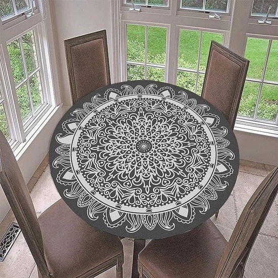 Tavolo Rotondo Copricuscino Impermeabile Nero Grigio Mandala Copertura Tavolo Casa Festa Cucina Pranzo - Tavolo Circolare 3D Resistentente ai Macchiamenti Impronte di Polvere Pulibile - 120cm