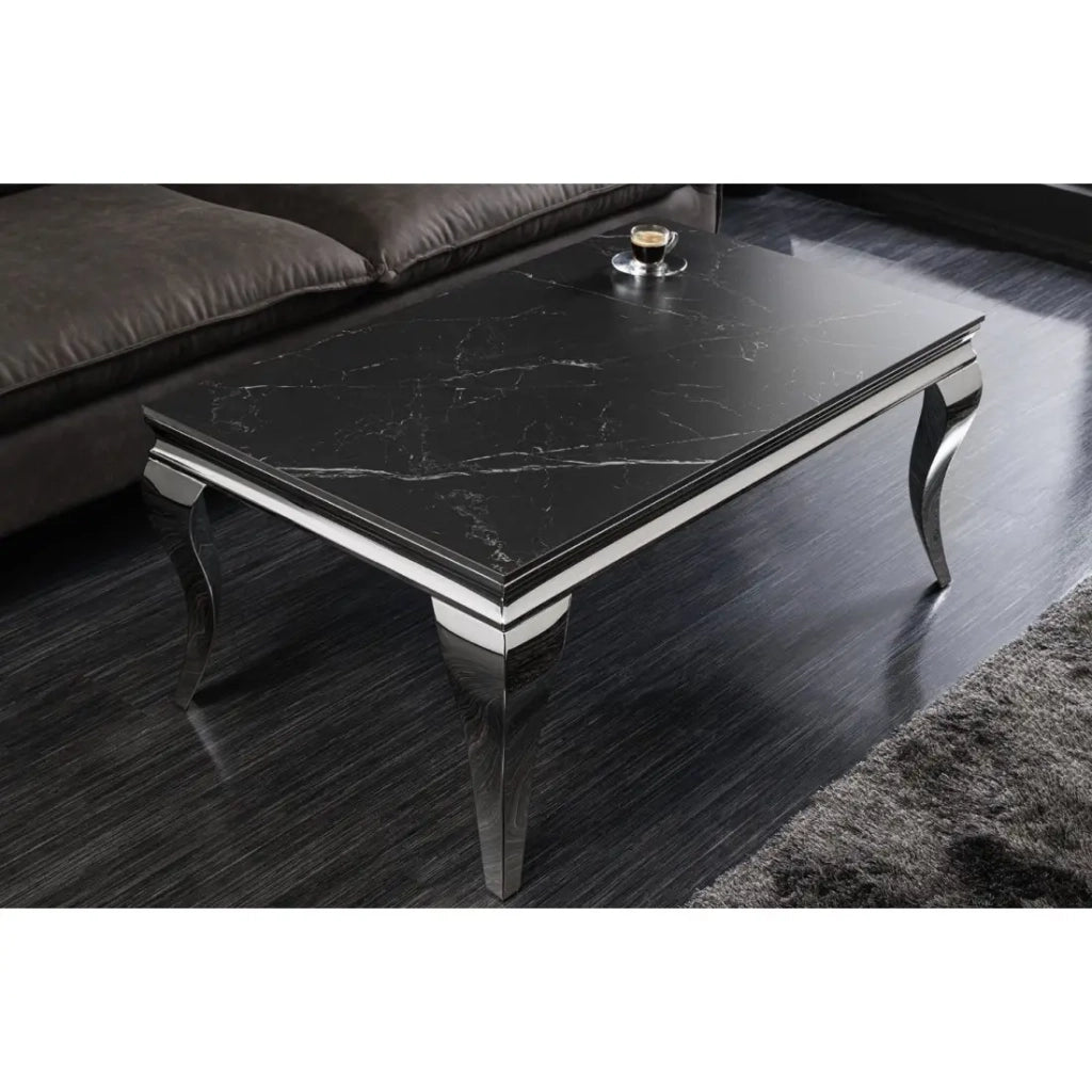 Tavolino basso VELENA 100 cm effetto marmo nero in pietra sinterizzata – Gambe curve argentate
