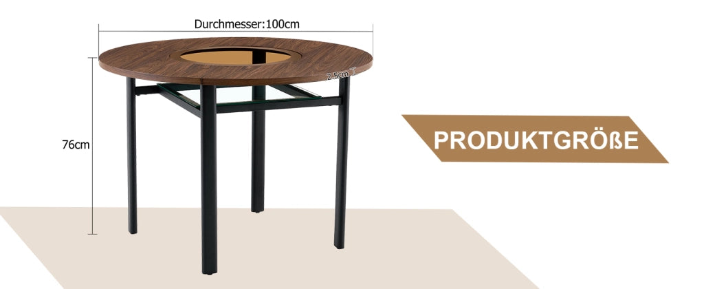 Tavolo da pranzo - rotondo Ø100 cm - design minimalista - effetto legno marrone - vetro grigio - per 2-4 persone