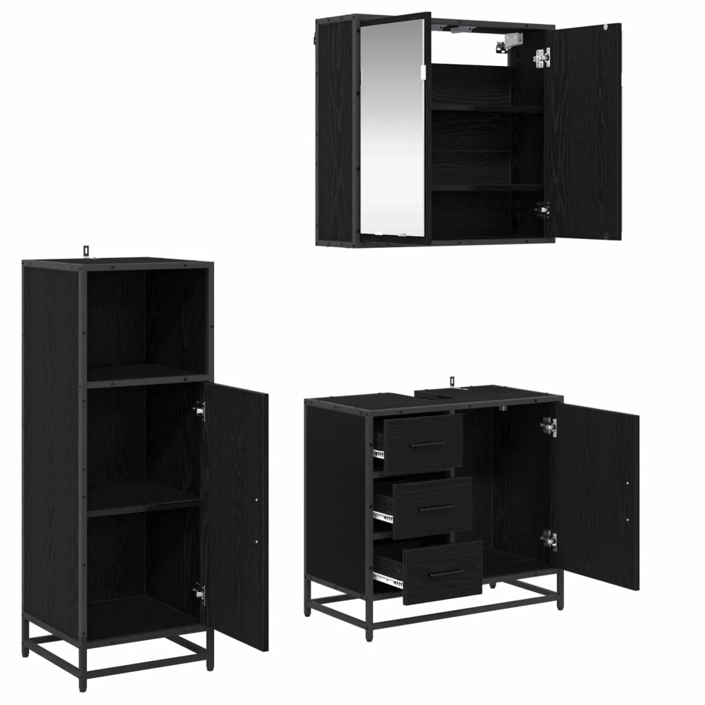 Set di mobili per il Bagno | Armadio da bagno 3 pz Rovere Nero Legno multistrato
