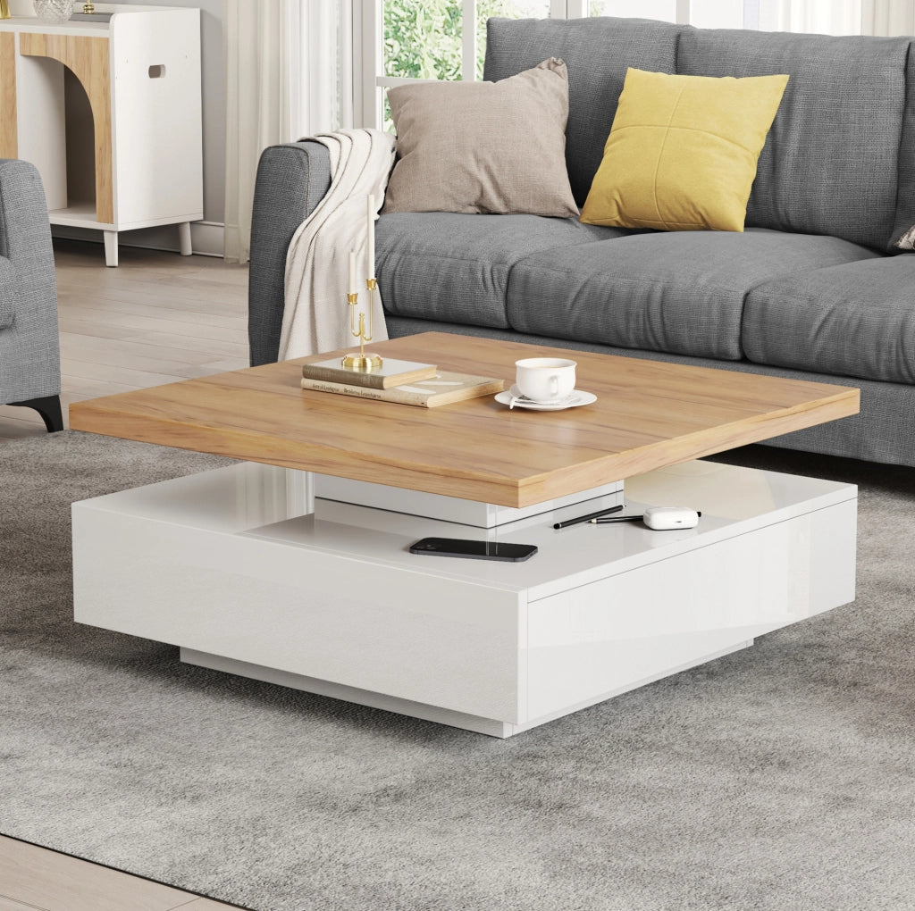 Tavolino da caffè quadrato girevole 360° con cassetto 70x70x36 cm in truciolare; noce e bianco lucido