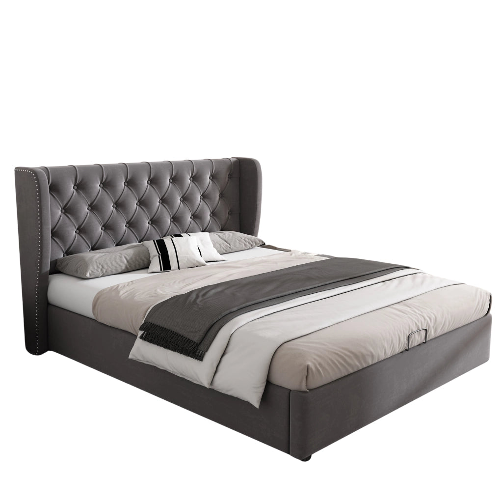 Letto matrimoniale 140x190 cm contenitore idraulico; velluto; grigio (Senza materasso)