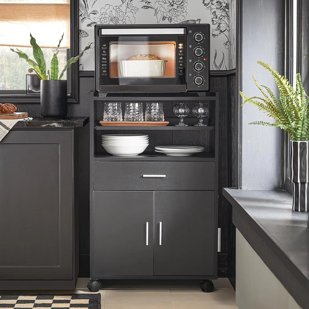 Mobiletto Cucina con Ruote e Piano Estraibile – Mobile Cucina Salvaspazio con Cassetto e Ante, Credenza Cucina, Carrello Cucina per Microonde, Ufficio o Sala da Pranzo Nero 59×40×92 cm FSB09-SCH