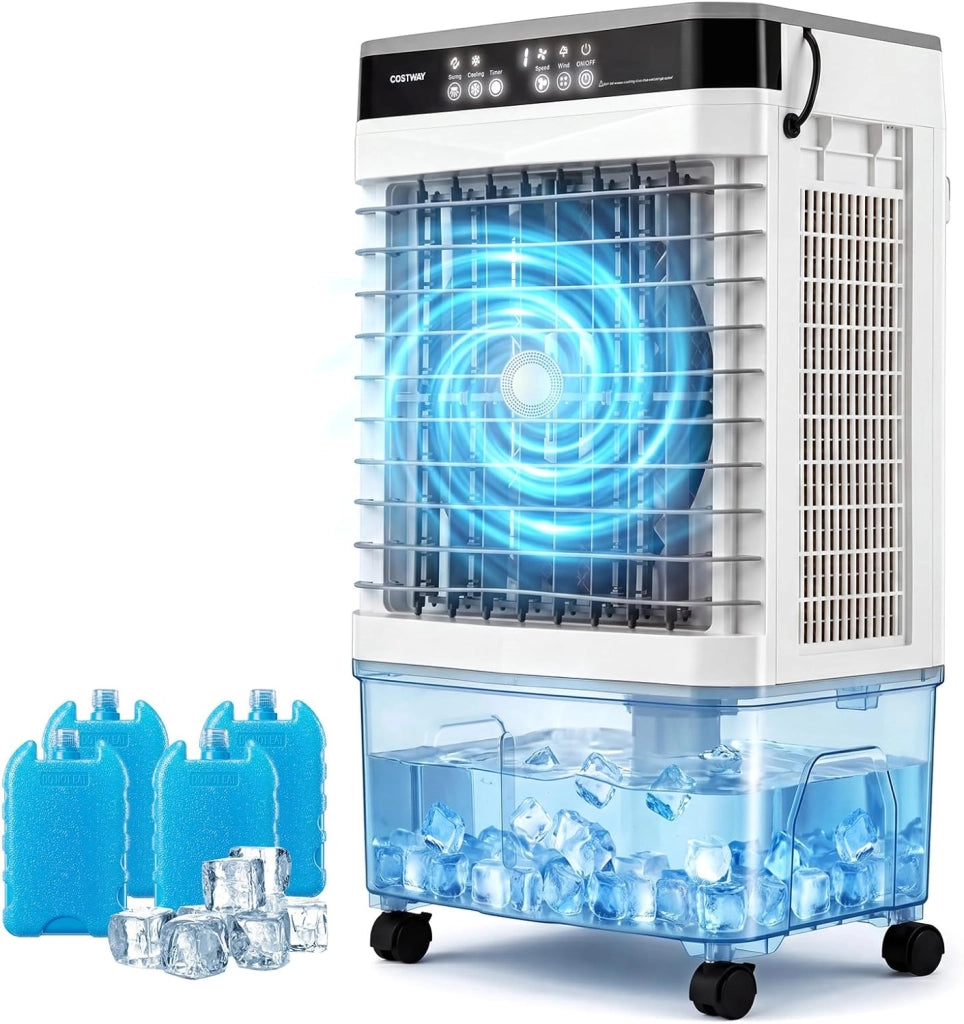 Condizionatore Portatile 3 in 1, Raffreddatore d'Aria con Ruote, Serbatoio, Timer 12H e Telecomando, 2 Modalità & 3 Velocità, Ventilatore & Umidificatore, per Casa, Ufficio (45 x 33 x 77,5 cm)
