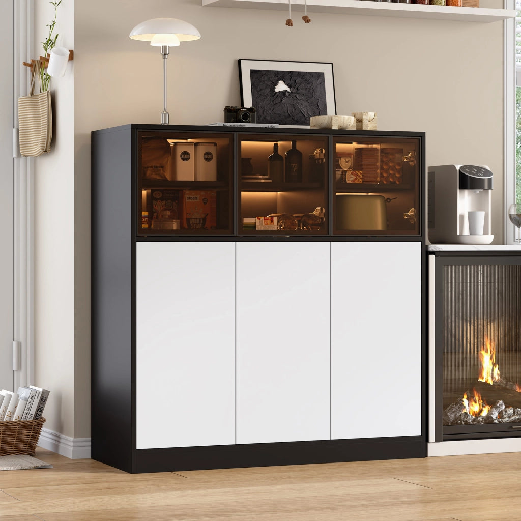 Credenza con 6 ante e 14 vani; illuminazione LED - per soggiorno - 100×40×105 cm - nero e bianco