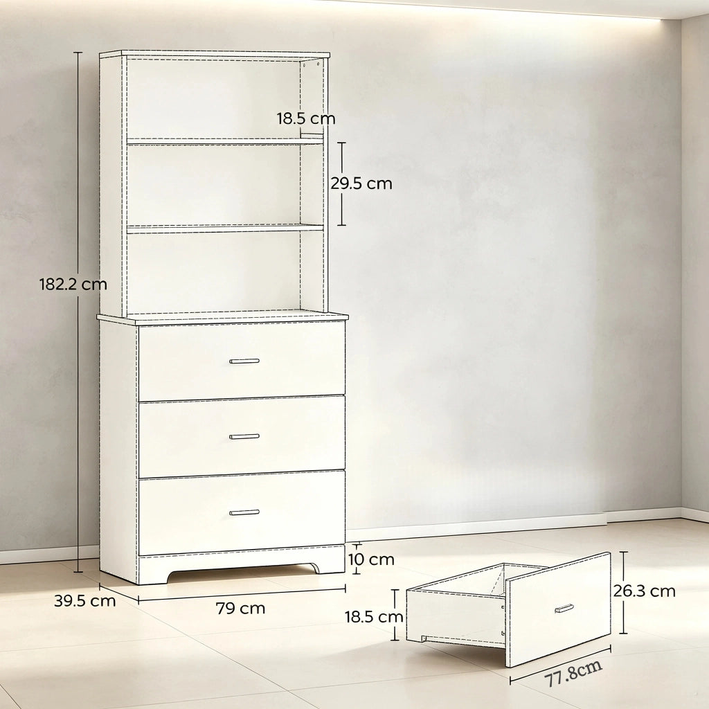 Libreria moderna a 6 ripiani con armadio, 3 cassetti e 3 scaffali aperti per libri e decorazioni