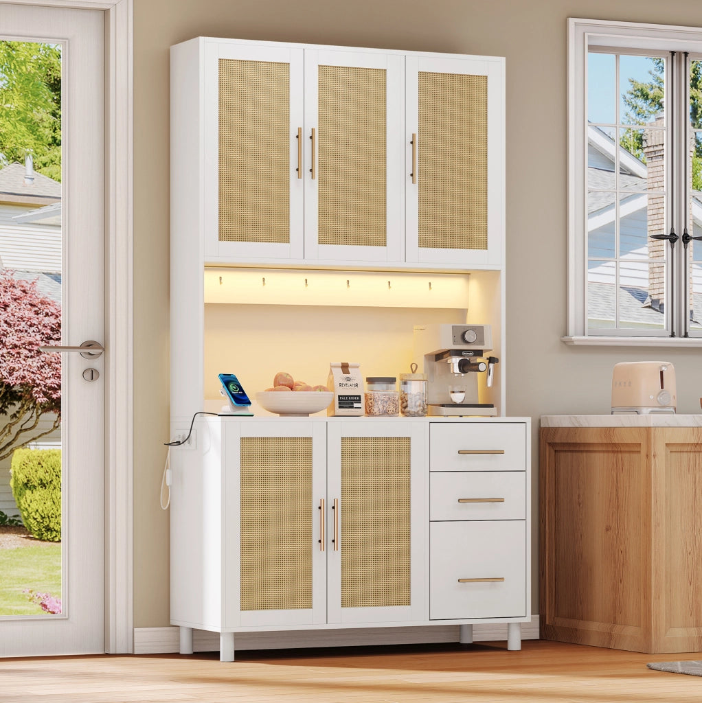 Credenza cucina LED in MDF 100x40x183 cm bianco con 3 cassetti; prese e USB