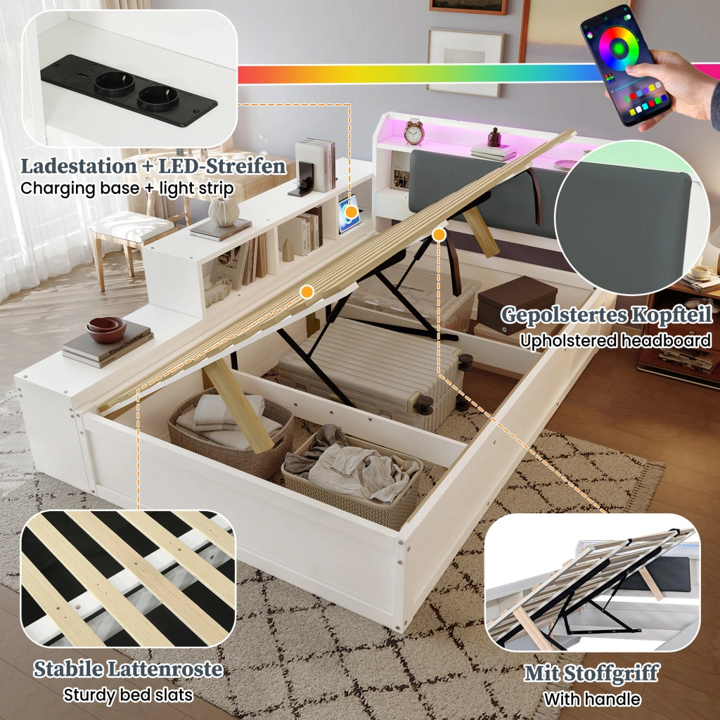 Letto contenitore 120x200 cm con apertura idraulica reversibile; testiera imbottita con vani; LED e USB; legno bianco