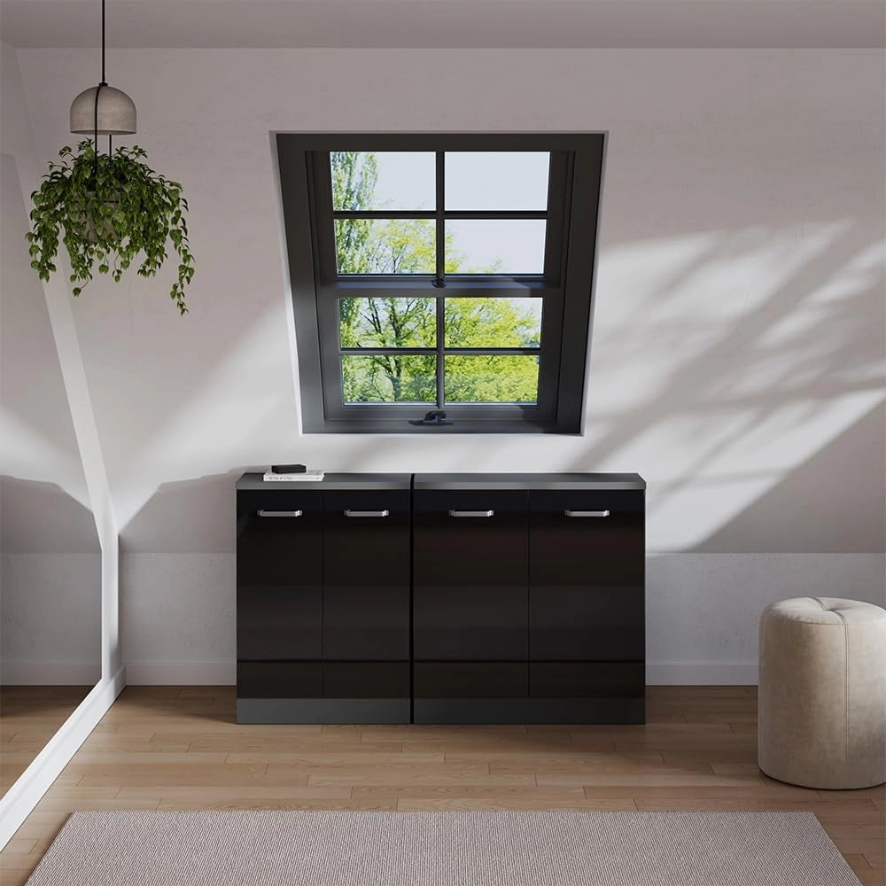 Set di mobili sottotetto Rion, Nero lucido, 140 cm Set di 2 carcasse armadio profondità 60 cm, adatto per il salvaspazio sotto tetti spioventi