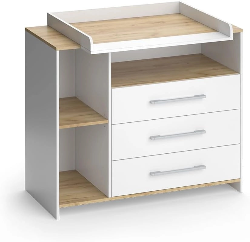 Fasciatoio Oskar, Rovere bianco/dorato, 113 x 93 cm con 3 cassetti