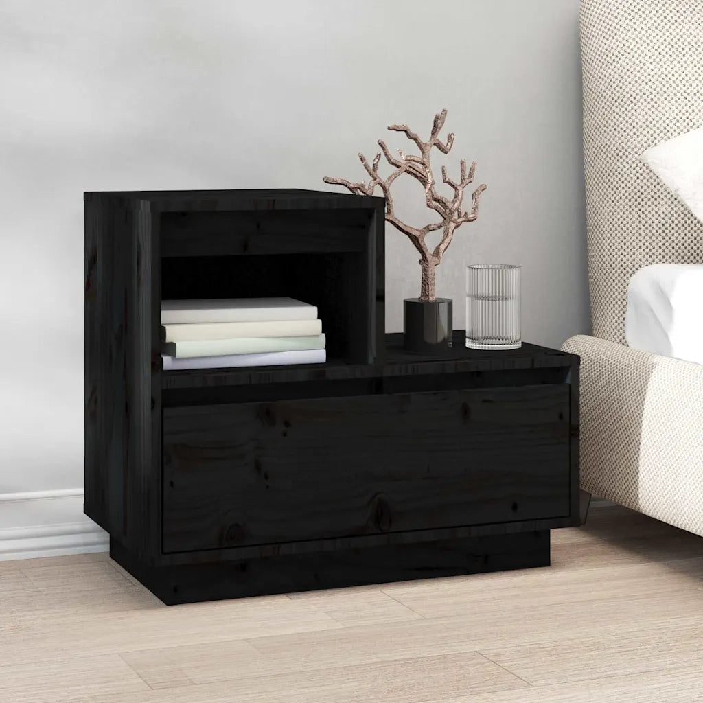 Set di 2 Comodini | Armadio da Notte | Mobiletto da notte Neri 60x34x51 cm in Legno Massello di Pino