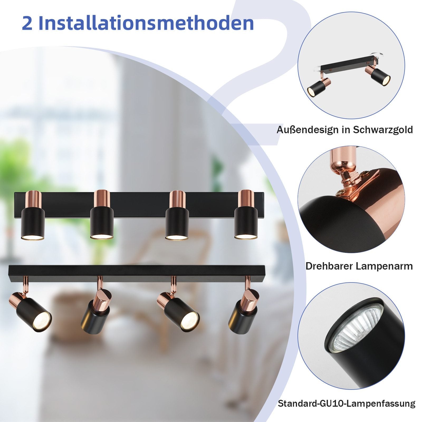 ZMH Lampada da soffitto 4 faretti GU10 orientabili 355° moderna plafoniera per cucina