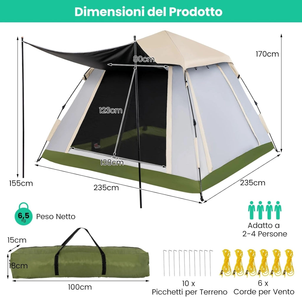 Tenda Campeggio Pop Up per 2-4 Persone, Tenda Istantanea Impermeabile con 2 Porte, Tetto Parasole Rimovibile e Finestre in Rete, Borsa da Trasporto, per Escursioni, Campeggio e Spiaggia